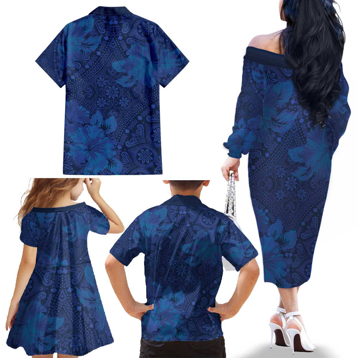 Hibiscus Mix ShweShwe African Pattern Family Matching Off The Shoulder Long Sleeve Dress and Hawaiian Shirt - Wonder Print Shop