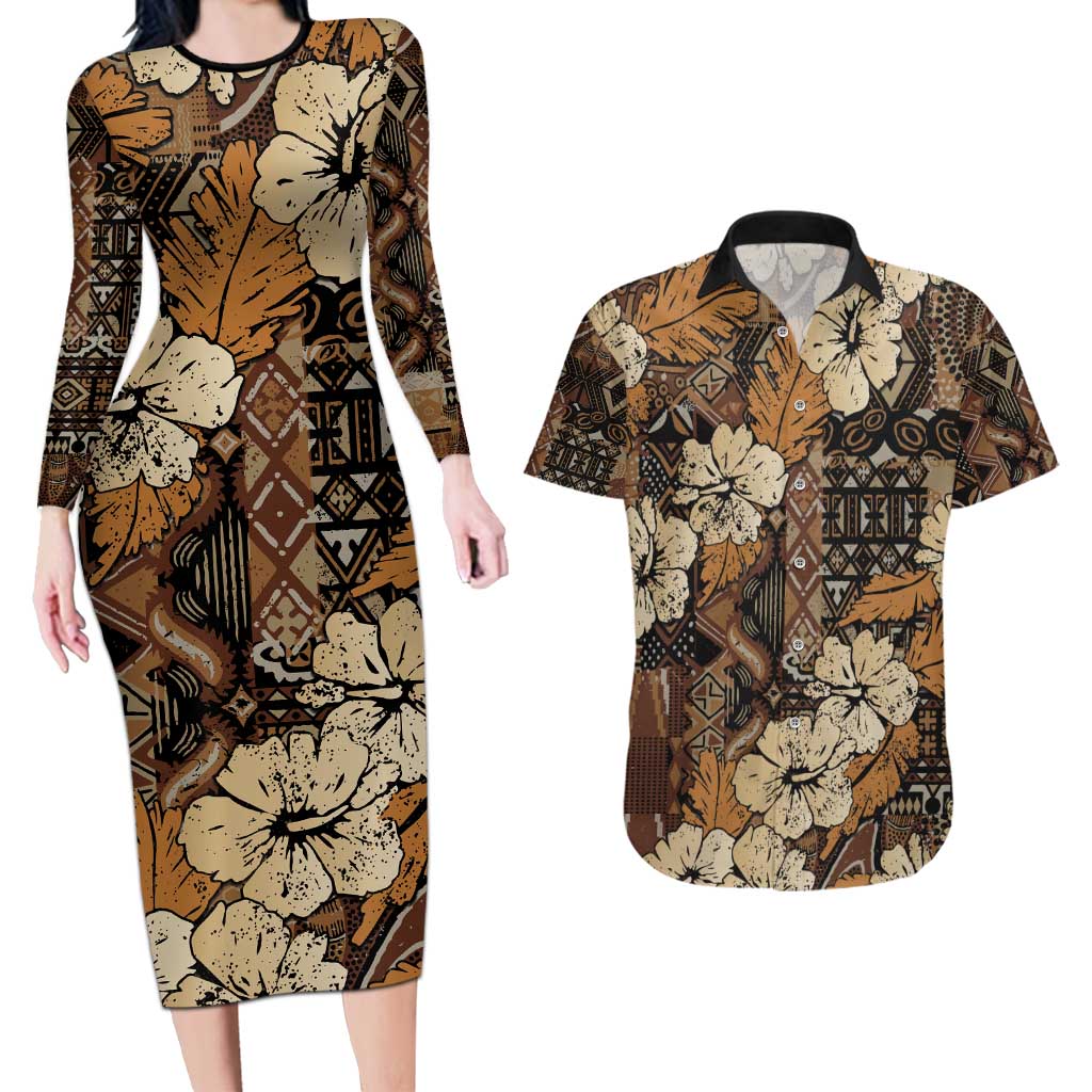 Hibiscus Mix African Pattern Couples Matching Long Sleeve Bodycon Dress and Hawaiian Shirt - Wonder Print Shop