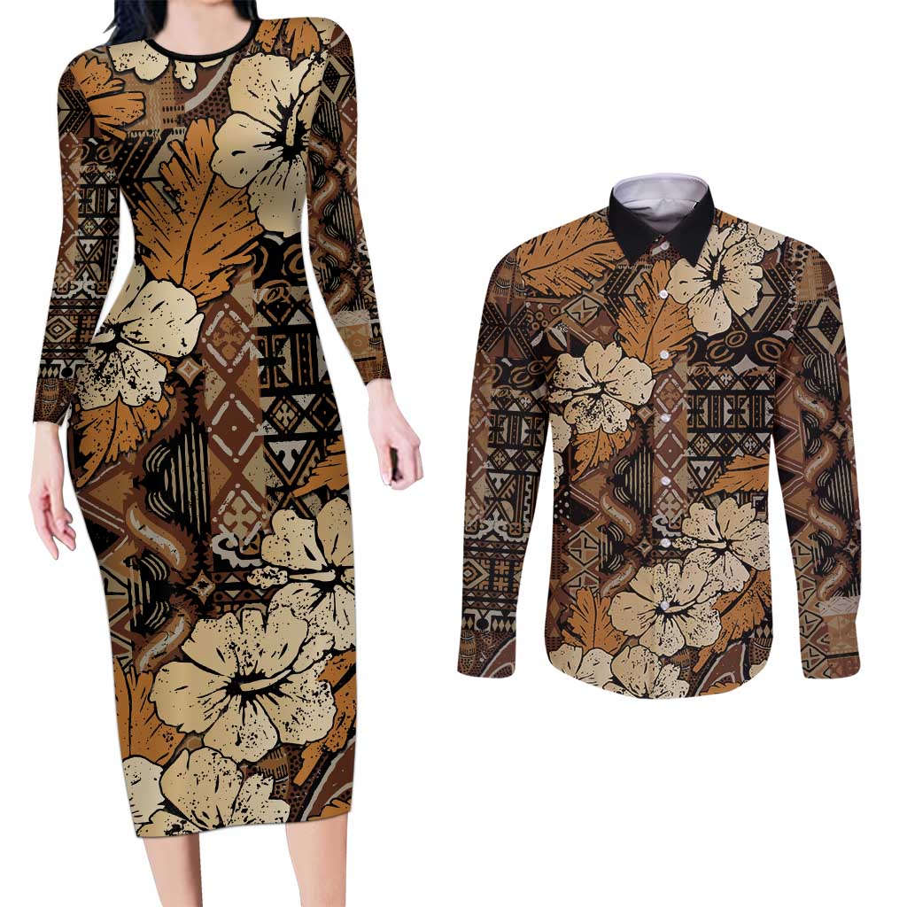 Hibiscus Mix African Pattern Couples Matching Long Sleeve Bodycon Dress and Long Sleeve Button Shirt - Wonder Print Shop