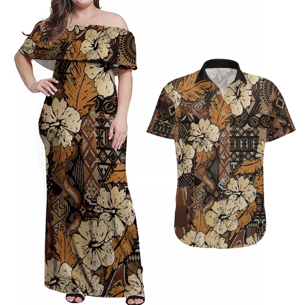 Hibiscus Mix African Pattern Couples Matching Off Shoulder Maxi Dress and Hawaiian Shirt - Wonder Print Shop