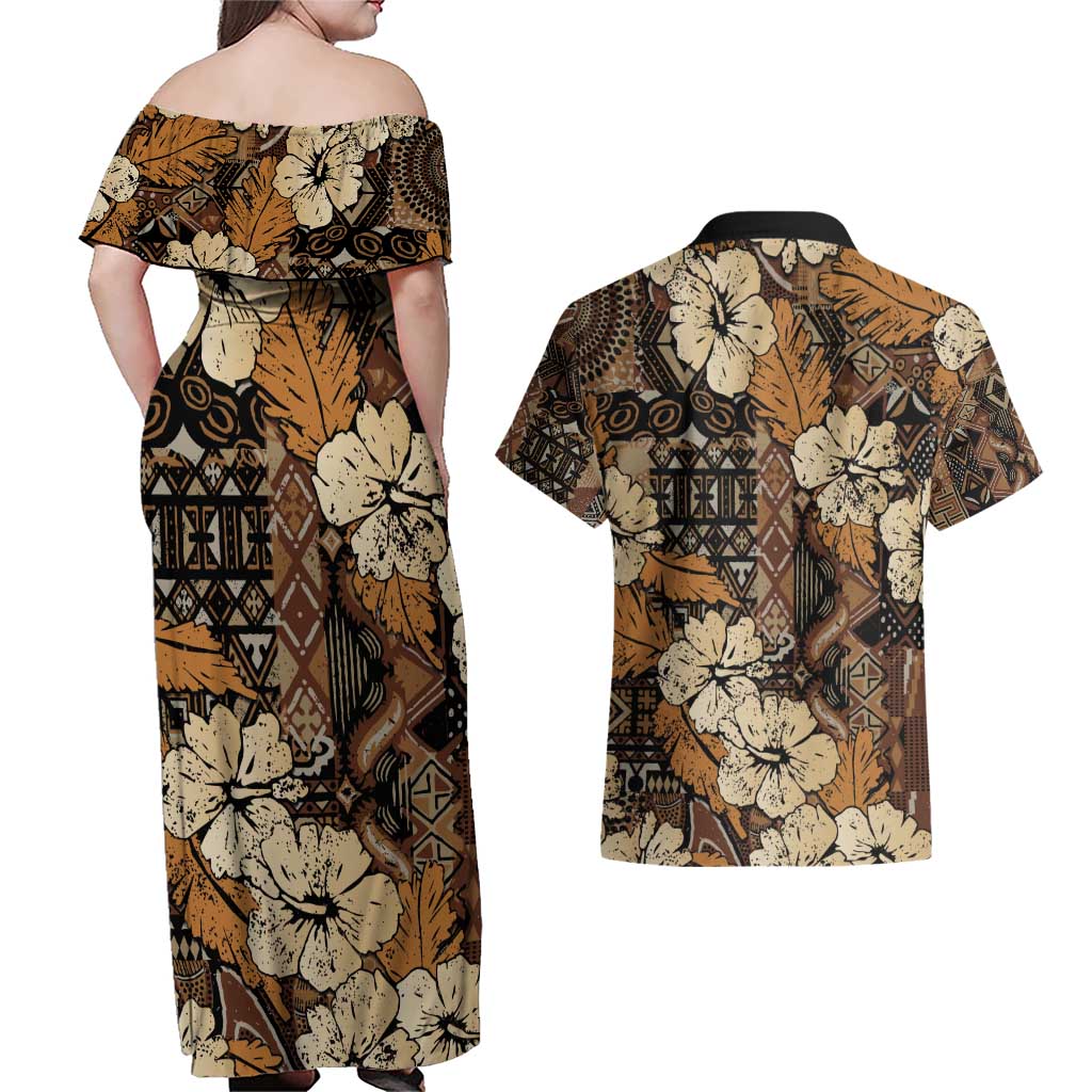 Hibiscus Mix African Pattern Couples Matching Off Shoulder Maxi Dress and Hawaiian Shirt - Wonder Print Shop
