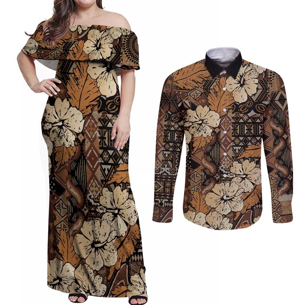 Hibiscus Mix African Pattern Couples Matching Off Shoulder Maxi Dress and Long Sleeve Button Shirt - Wonder Print Shop