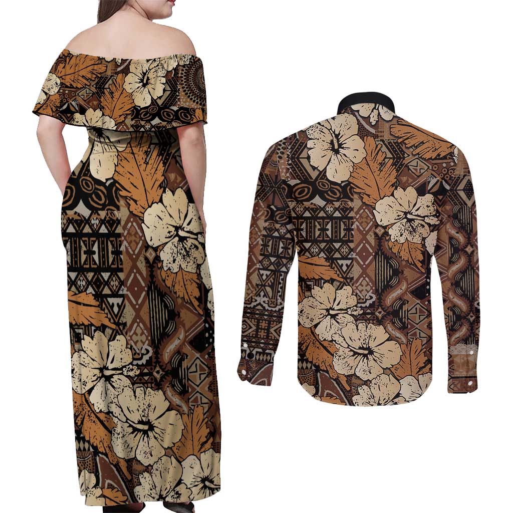 Hibiscus Mix African Pattern Couples Matching Off Shoulder Maxi Dress and Long Sleeve Button Shirt - Wonder Print Shop