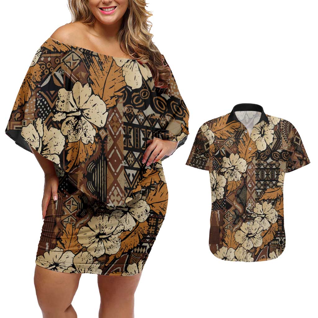 Hibiscus Mix African Pattern Couples Matching Off Shoulder Short Dress and Hawaiian Shirt - Wonder Print Shop
