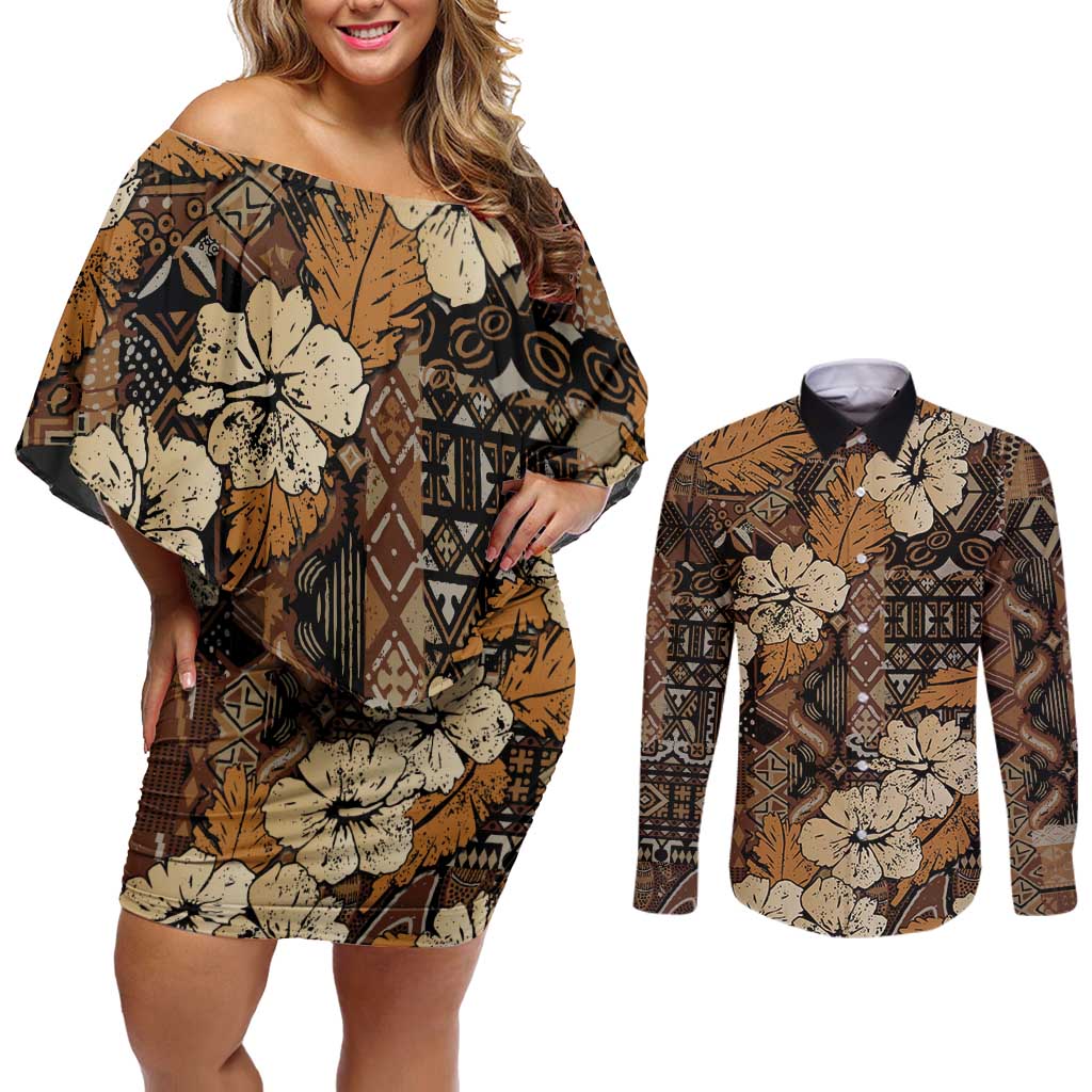 Hibiscus Mix African Pattern Couples Matching Off Shoulder Short Dress and Long Sleeve Button Shirt - Wonder Print Shop