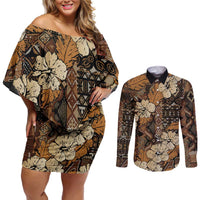 Hibiscus Mix African Pattern Couples Matching Off Shoulder Short Dress and Long Sleeve Button Shirt - Wonder Print Shop
