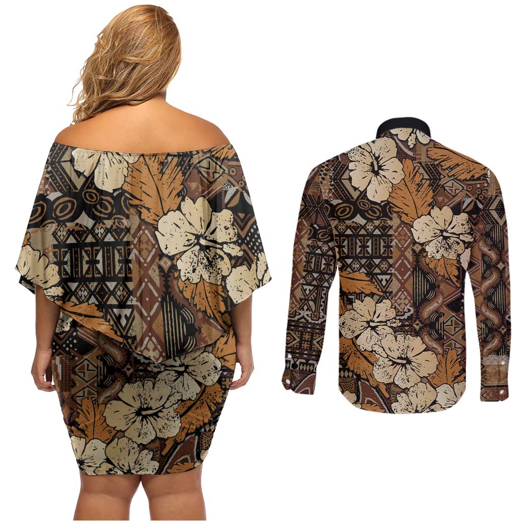 Hibiscus Mix African Pattern Couples Matching Off Shoulder Short Dress and Long Sleeve Button Shirt - Wonder Print Shop