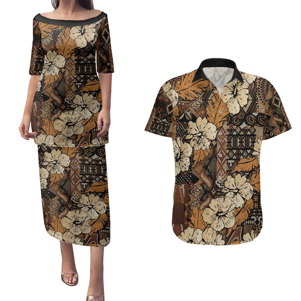 Hibiscus Mix African Pattern Couples Matching Puletasi and Hawaiian Shirt - Wonder Print Shop
