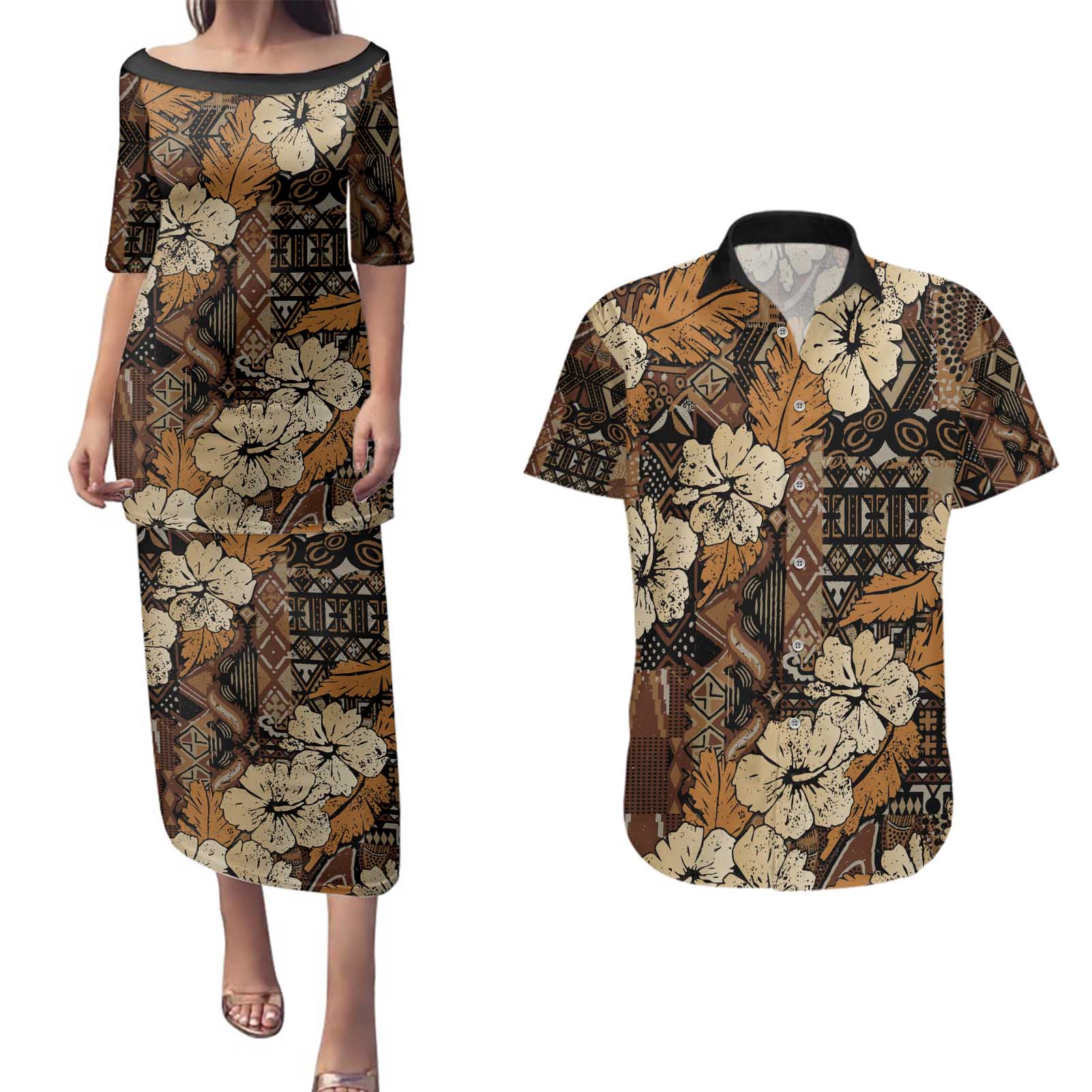 Hibiscus Mix African Pattern Couples Matching Puletasi and Hawaiian Shirt - Wonder Print Shop