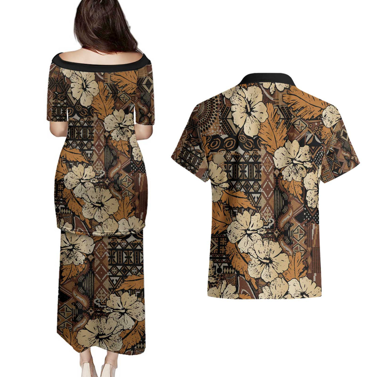Hibiscus Mix African Pattern Couples Matching Puletasi and Hawaiian Shirt - Wonder Print Shop