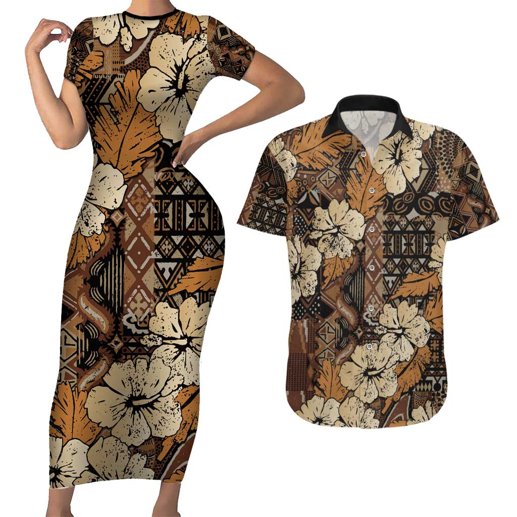 Hibiscus Mix African Pattern Couples Matching Short Sleeve Bodycon Dress and Hawaiian Shirt - Wonder Print Shop