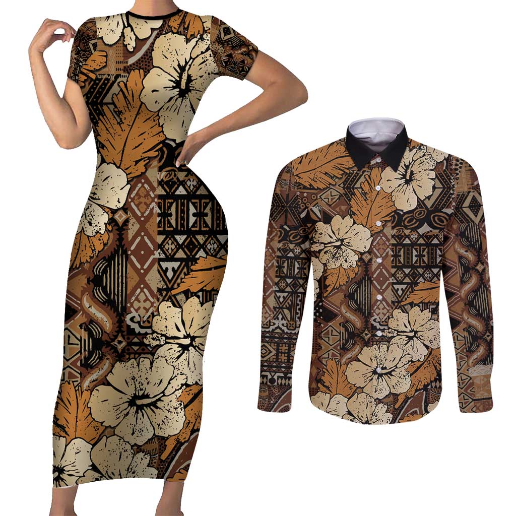 Hibiscus Mix African Pattern Couples Matching Short Sleeve Bodycon Dress and Long Sleeve Button Shirt - Wonder Print Shop