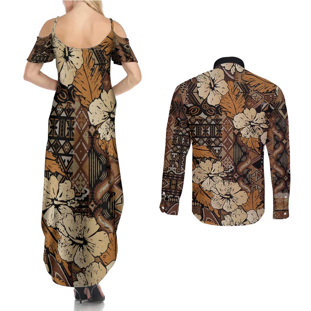 Hibiscus Mix African Pattern Couples Matching Summer Maxi Dress and Long Sleeve Button Shirt - Wonder Print Shop