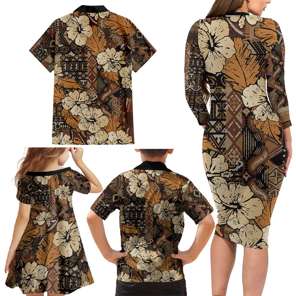 Hibiscus Mix African Pattern Family Matching Long Sleeve Bodycon Dress and Hawaiian Shirt - Wonder Print Shop