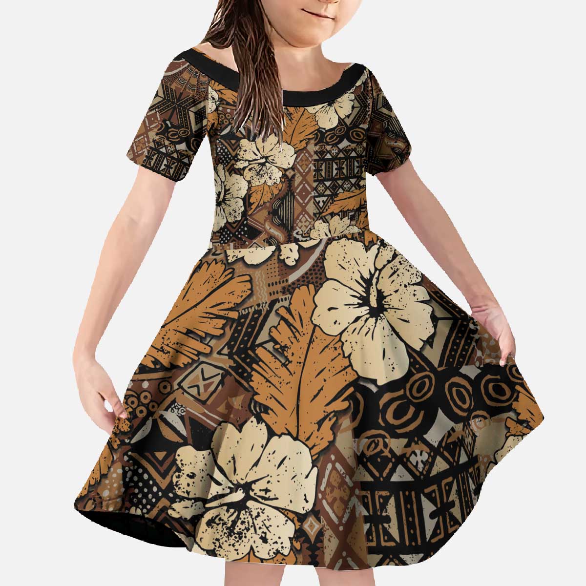 Hibiscus Mix African Pattern Family Matching Off The Shoulder Long Sleeve Dress and Hawaiian Shirt - Wonder Print Shop