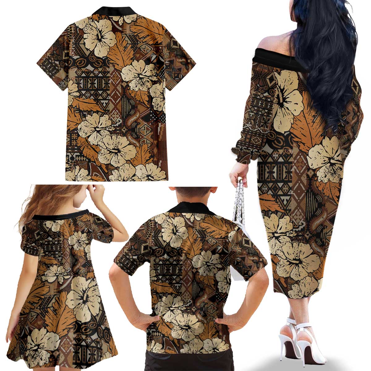 Hibiscus Mix African Pattern Family Matching Off The Shoulder Long Sleeve Dress and Hawaiian Shirt - Wonder Print Shop