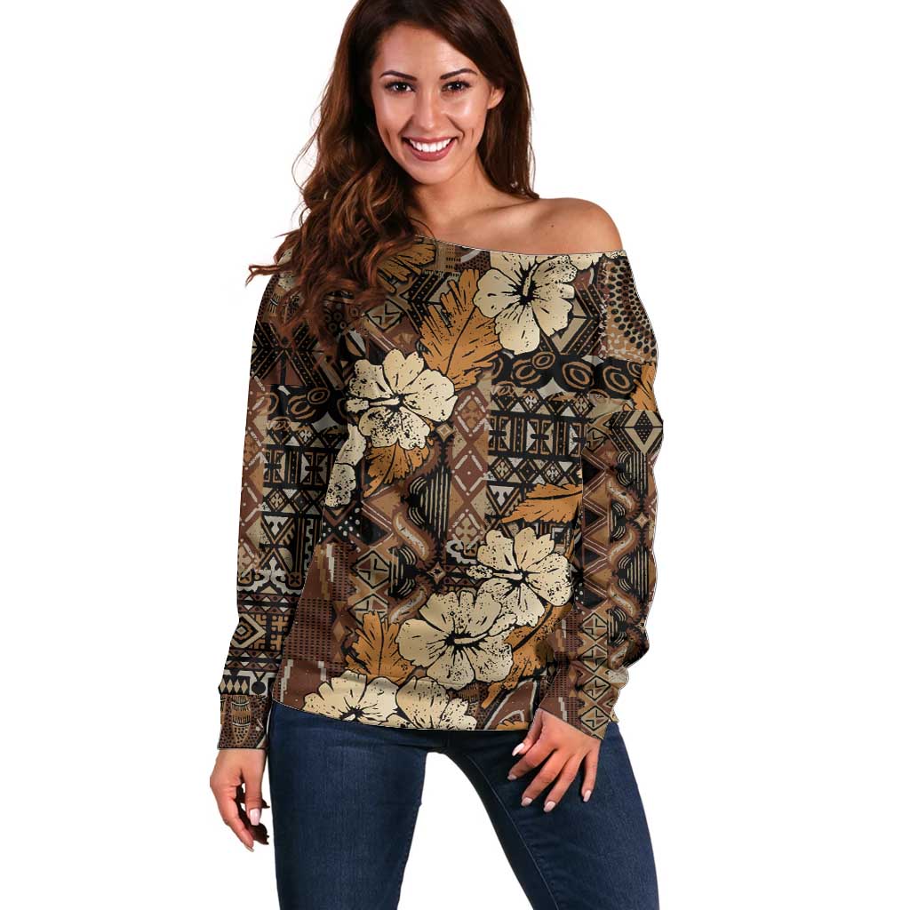 Hibiscus Mix African Pattern Off Shoulder Sweater - Wonder Print Shop