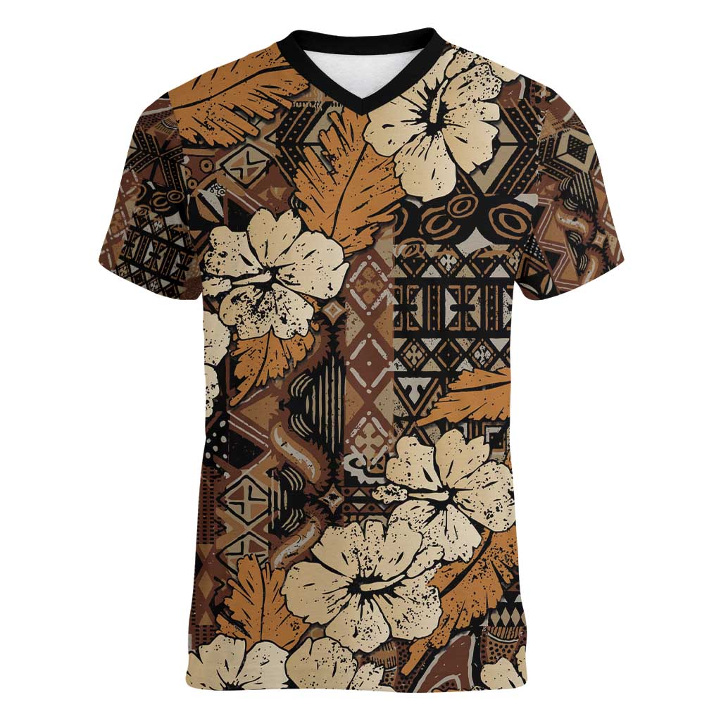 Hibiscus Mix African Pattern Women V-Neck T-Shirt - Wonder Print Shop