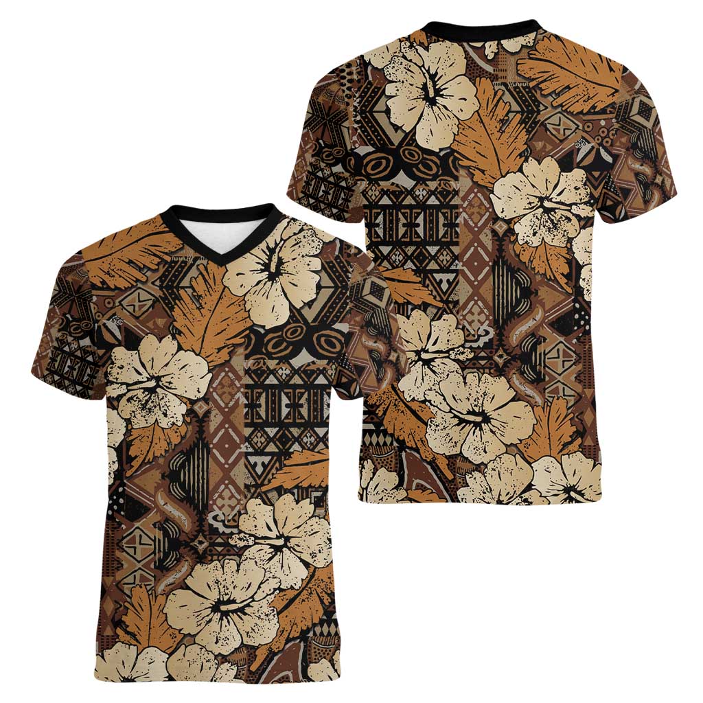 Hibiscus Mix African Pattern Women V-Neck T-Shirt - Wonder Print Shop