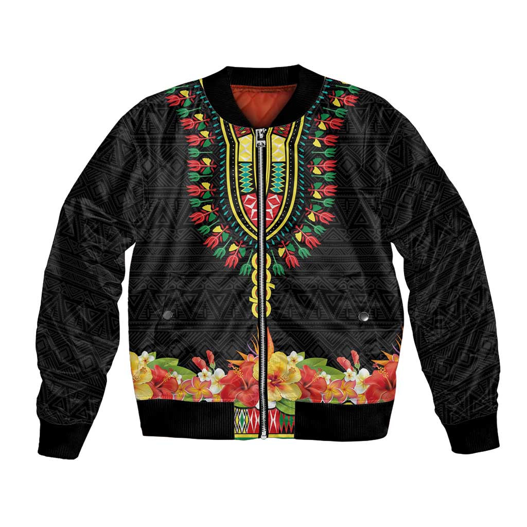 Personalized Hibiscus Mix Dashiki African Pattern Bomber Jacket Adinkra Symbol - Wonder Print Shop