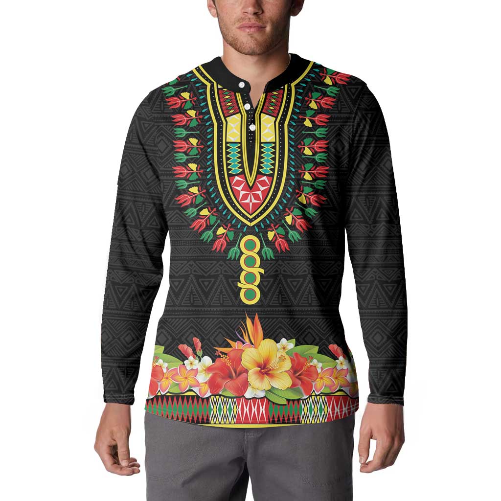 Personalized Hibiscus Mix Dashiki African Pattern Button Sweatshirt Adinkra Symbol - Wonder Print Shop