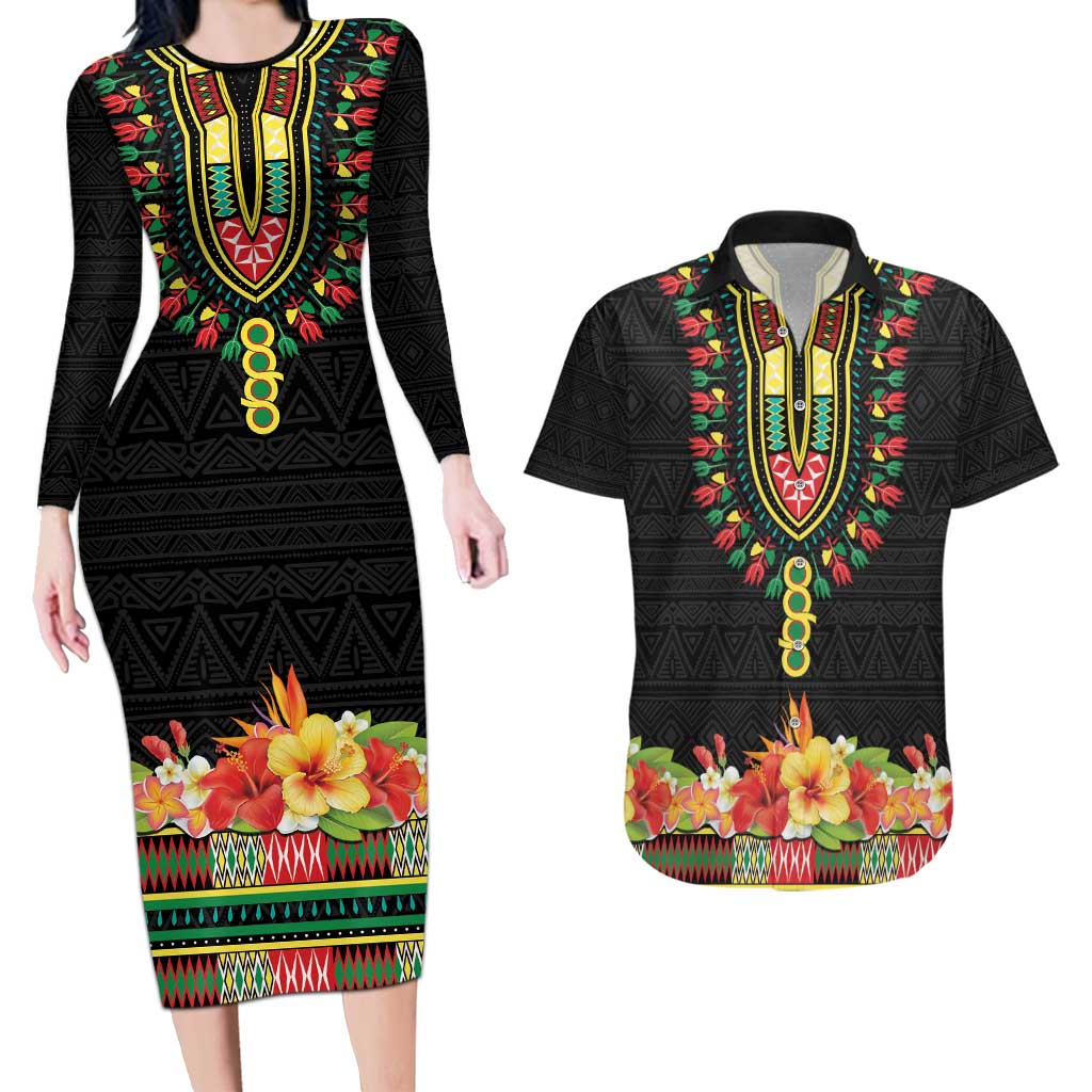 Personalized Hibiscus Mix Dashiki African Pattern Couples Matching Long Sleeve Bodycon Dress and Hawaiian Shirt Adinkra Symbol - Wonder Print Shop