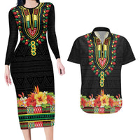 Personalized Hibiscus Mix Dashiki African Pattern Couples Matching Long Sleeve Bodycon Dress and Hawaiian Shirt Adinkra Symbol - Wonder Print Shop