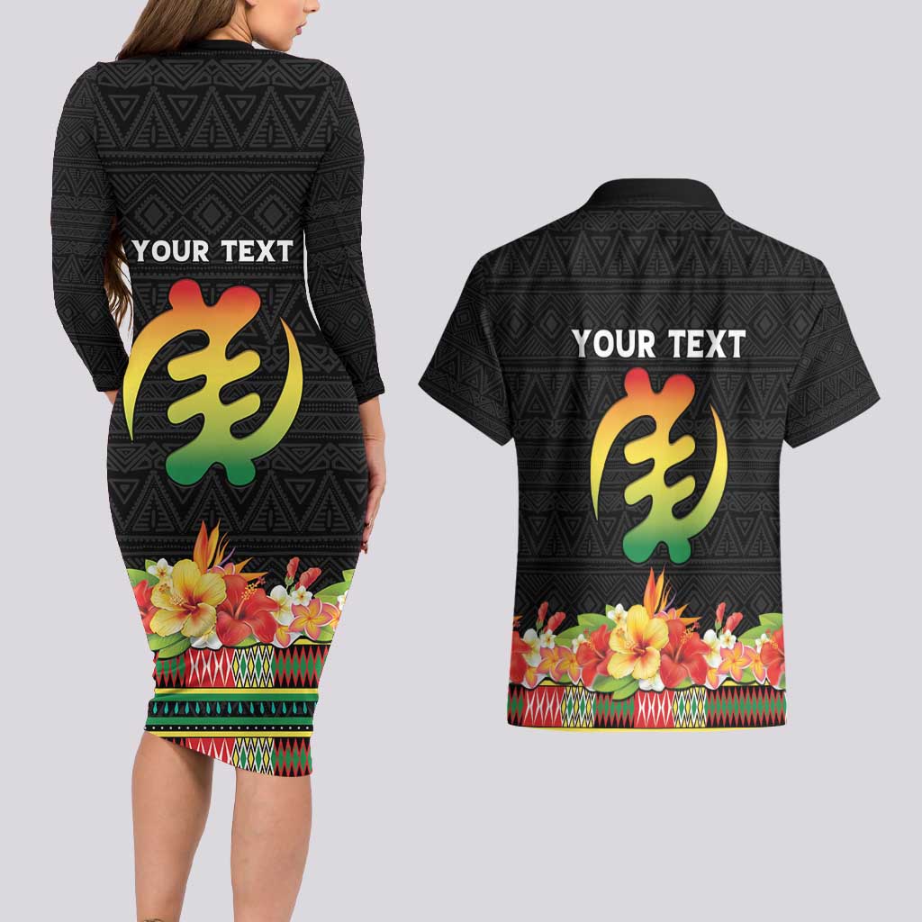 Personalized Hibiscus Mix Dashiki African Pattern Couples Matching Long Sleeve Bodycon Dress and Hawaiian Shirt Adinkra Symbol - Wonder Print Shop