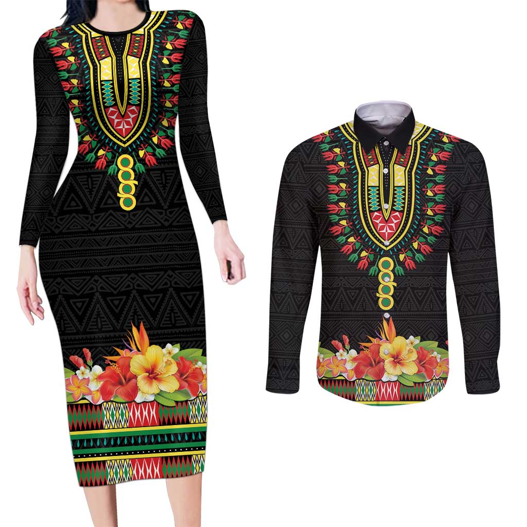 Personalized Hibiscus Mix Dashiki African Pattern Couples Matching Long Sleeve Bodycon Dress and Long Sleeve Button Shirt Adinkra Symbol - Wonder Print Shop