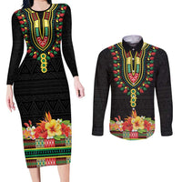 Personalized Hibiscus Mix Dashiki African Pattern Couples Matching Long Sleeve Bodycon Dress and Long Sleeve Button Shirt Adinkra Symbol - Wonder Print Shop