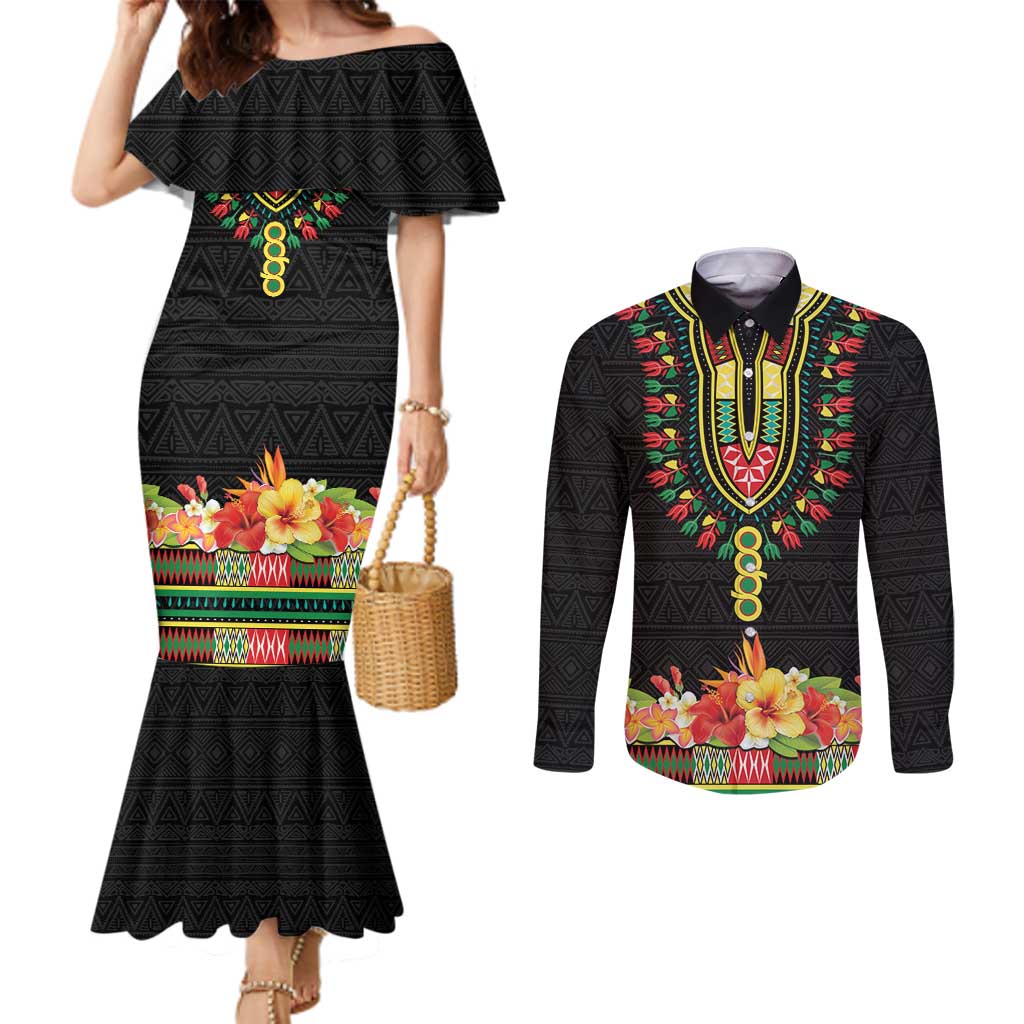 Personalized Hibiscus Mix Dashiki African Pattern Couples Matching Mermaid Dress and Long Sleeve Button Shirt Adinkra Symbol - Wonder Print Shop