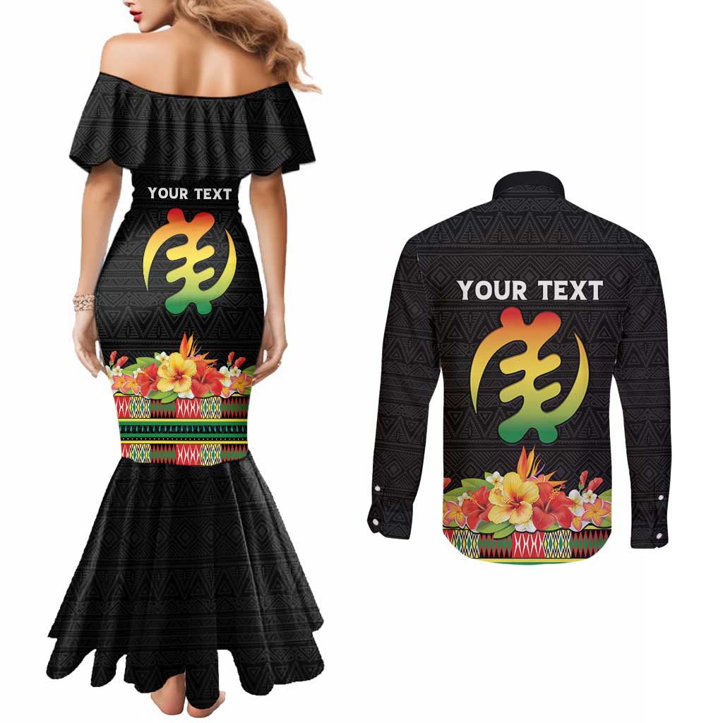 Personalized Hibiscus Mix Dashiki African Pattern Couples Matching Mermaid Dress and Long Sleeve Button Shirt Adinkra Symbol - Wonder Print Shop
