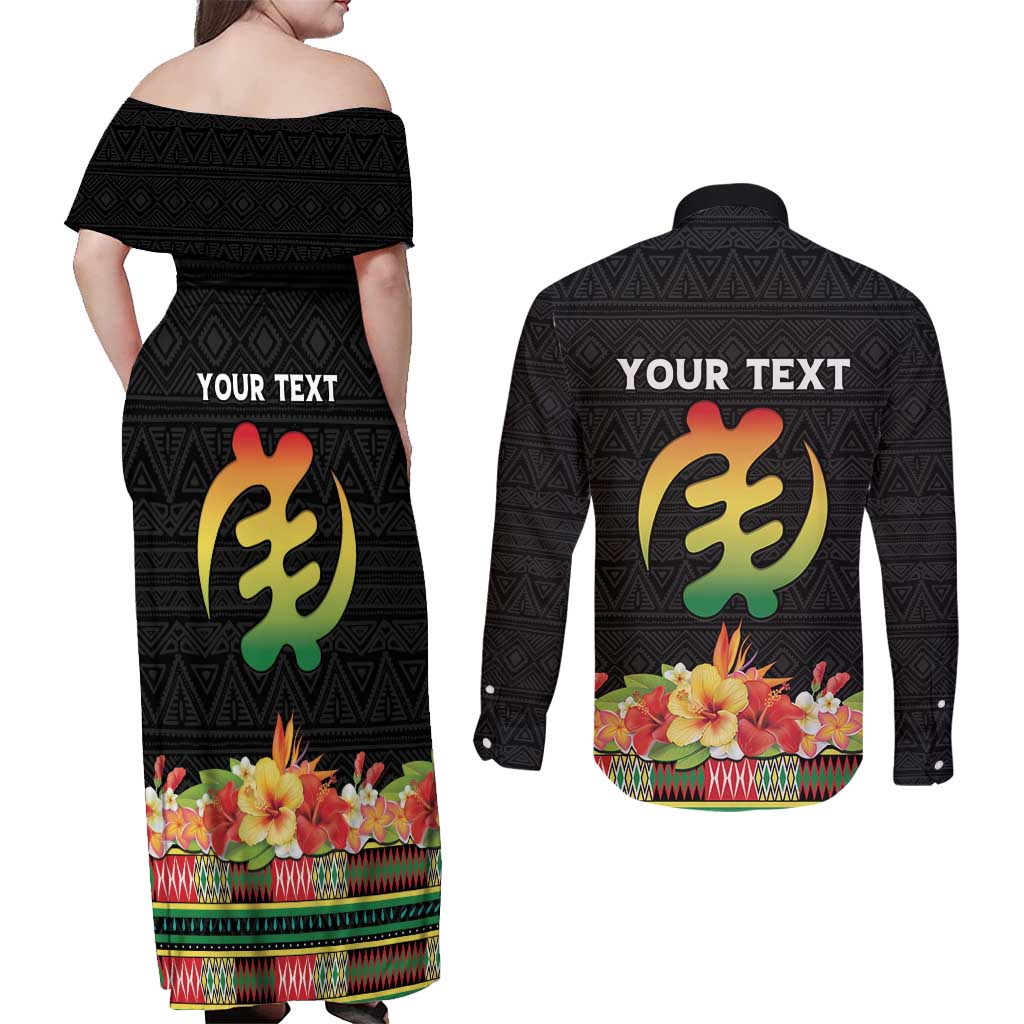 Personalized Hibiscus Mix Dashiki African Pattern Couples Matching Off Shoulder Maxi Dress and Long Sleeve Button Shirt Adinkra Symbol - Wonder Print Shop