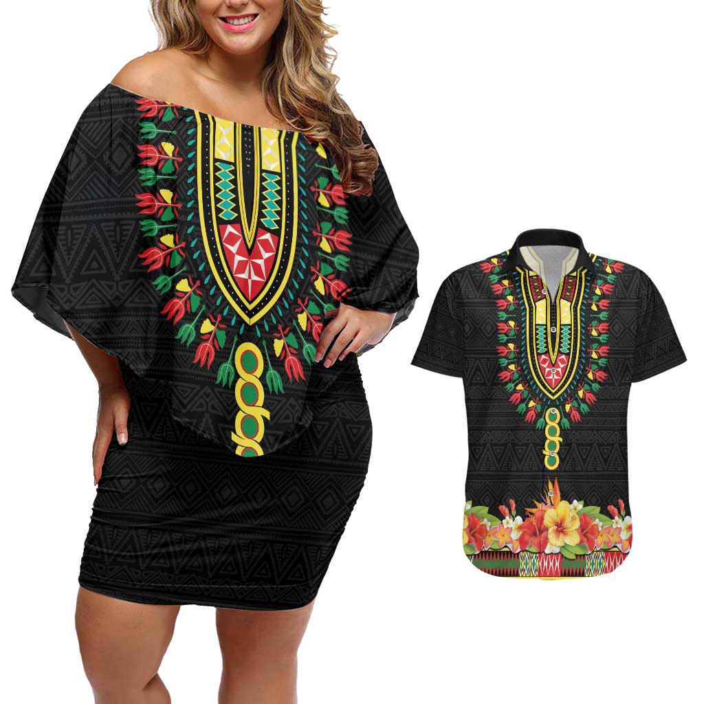 Personalized Hibiscus Mix Dashiki African Pattern Couples Matching Off Shoulder Short Dress and Hawaiian Shirt Adinkra Symbol - Wonder Print Shop