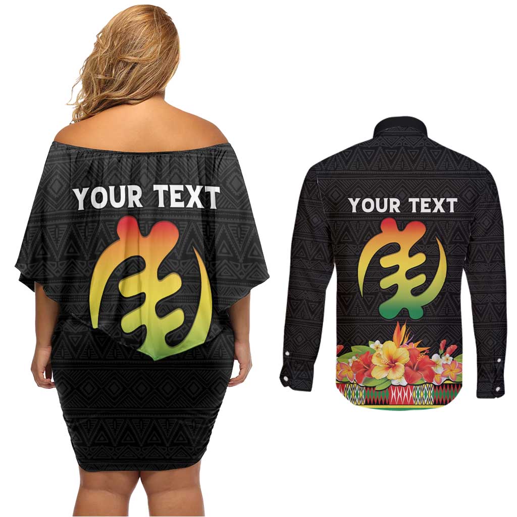 Personalized Hibiscus Mix Dashiki African Pattern Couples Matching Off Shoulder Short Dress and Long Sleeve Button Shirt Adinkra Symbol - Wonder Print Shop
