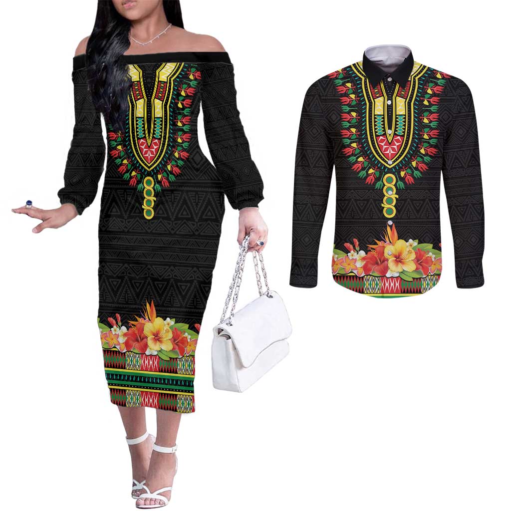 Personalized Hibiscus Mix Dashiki African Pattern Couples Matching Off The Shoulder Long Sleeve Dress and Long Sleeve Button Shirt Adinkra Symbol - Wonder Print Shop
