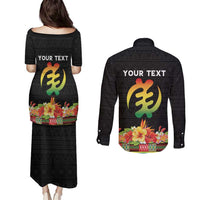 Personalized Hibiscus Mix Dashiki African Pattern Couples Matching Puletasi and Long Sleeve Button Shirt Adinkra Symbol - Wonder Print Shop