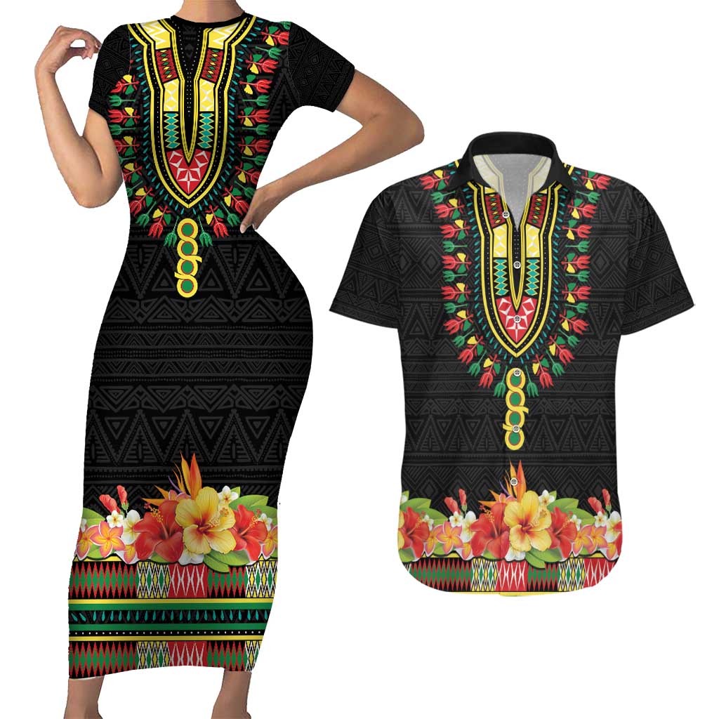 Personalized Hibiscus Mix Dashiki African Pattern Couples Matching Short Sleeve Bodycon Dress and Hawaiian Shirt Adinkra Symbol - Wonder Print Shop