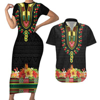 Personalized Hibiscus Mix Dashiki African Pattern Couples Matching Short Sleeve Bodycon Dress and Hawaiian Shirt Adinkra Symbol - Wonder Print Shop