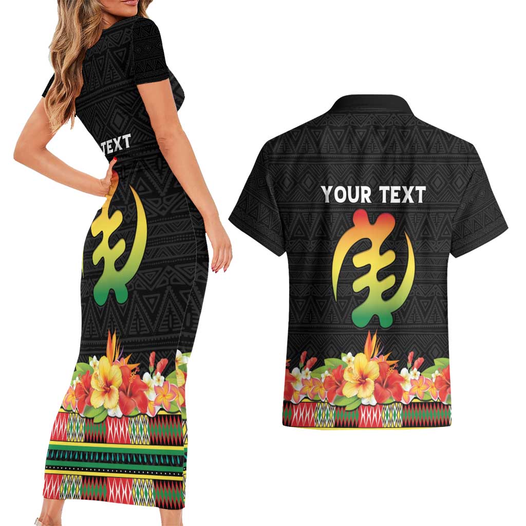 Personalized Hibiscus Mix Dashiki African Pattern Couples Matching Short Sleeve Bodycon Dress and Hawaiian Shirt Adinkra Symbol - Wonder Print Shop