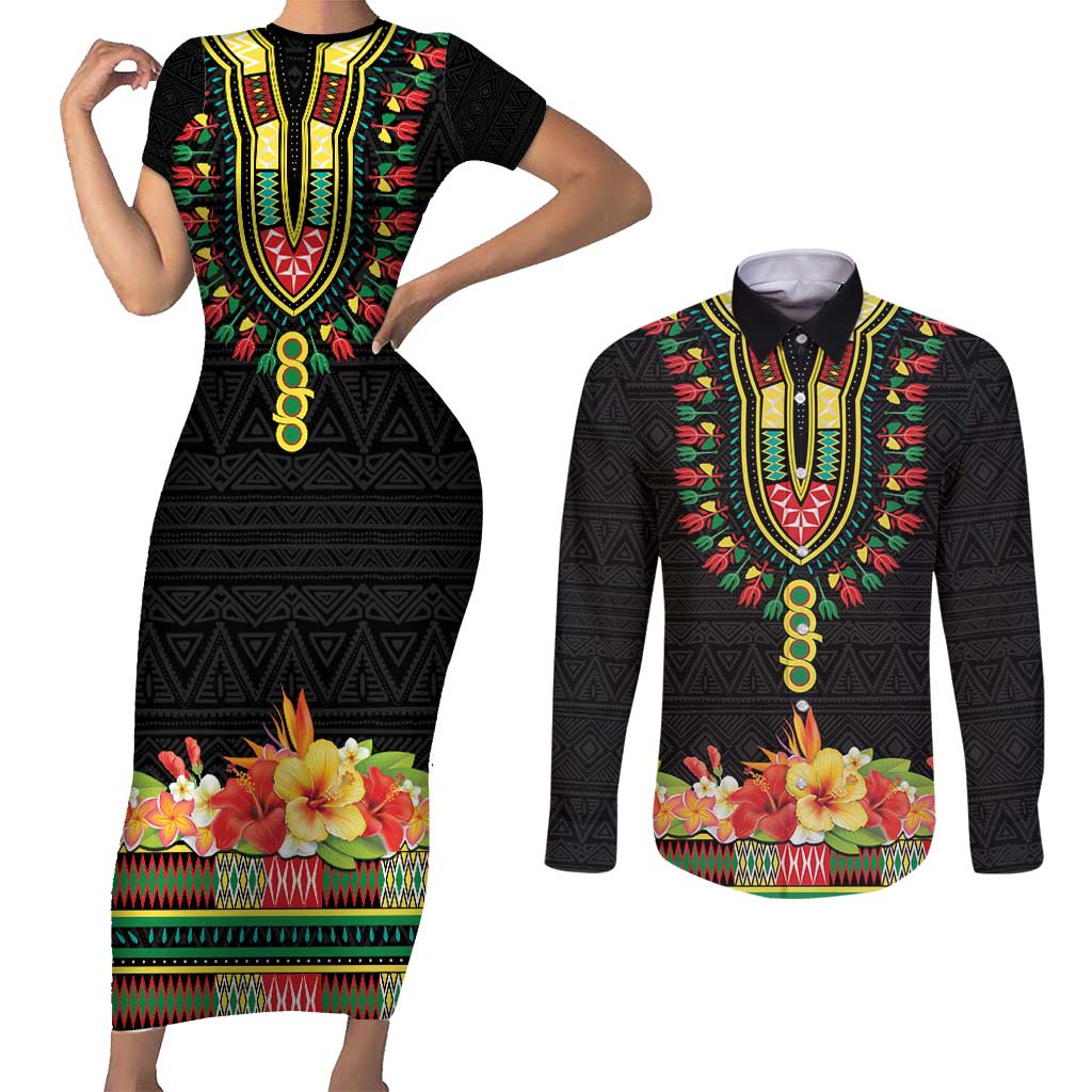 Personalized Hibiscus Mix Dashiki African Pattern Couples Matching Short Sleeve Bodycon Dress and Long Sleeve Button Shirt Adinkra Symbol - Wonder Print Shop