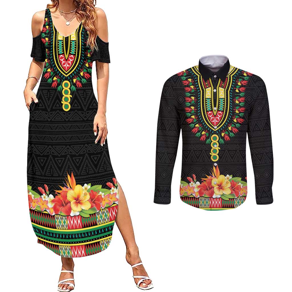 Personalized Hibiscus Mix Dashiki African Pattern Couples Matching Summer Maxi Dress and Long Sleeve Button Shirt Adinkra Symbol - Wonder Print Shop