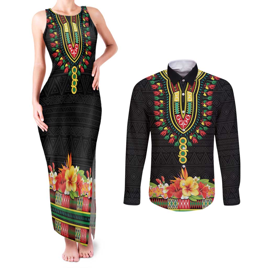 Personalized Hibiscus Mix Dashiki African Pattern Couples Matching Tank Maxi Dress and Long Sleeve Button Shirt Adinkra Symbol - Wonder Print Shop