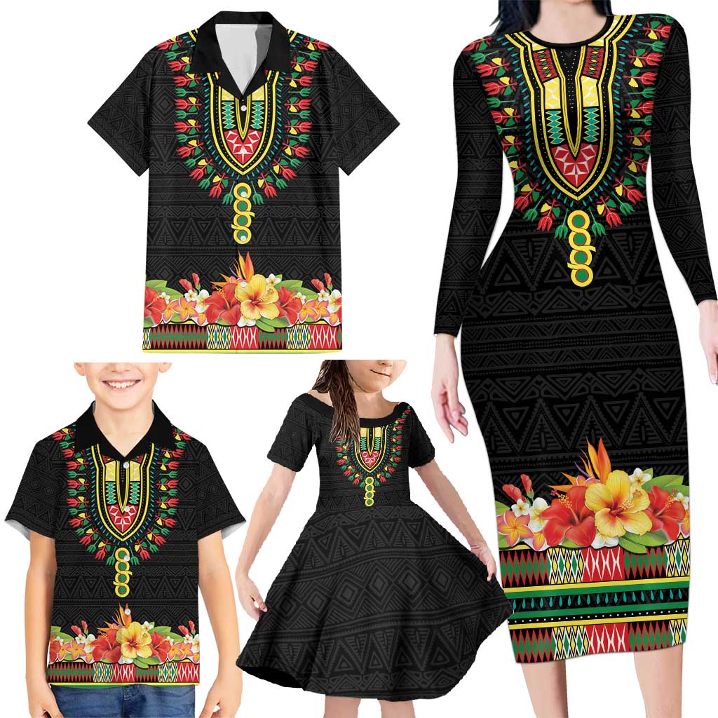 Personalized Hibiscus Mix Dashiki African Pattern Family Matching Long Sleeve Bodycon Dress and Hawaiian Shirt Adinkra Symbol - Wonder Print Shop