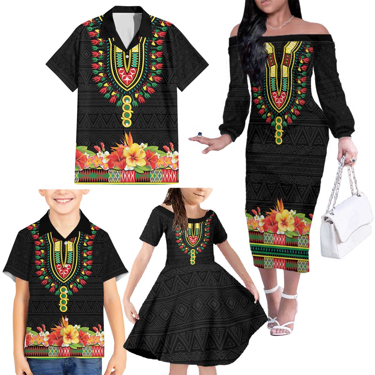 Personalized Hibiscus Mix Dashiki African Pattern Family Matching Off The Shoulder Long Sleeve Dress and Hawaiian Shirt Adinkra Symbol - Wonder Print Shop