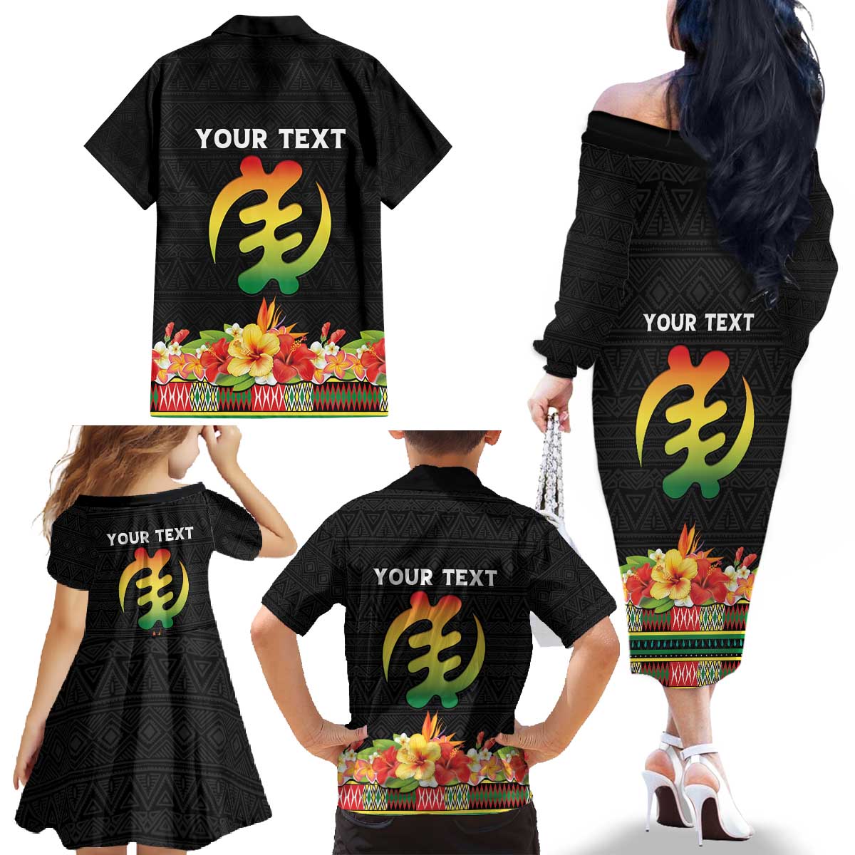 Personalized Hibiscus Mix Dashiki African Pattern Family Matching Off The Shoulder Long Sleeve Dress and Hawaiian Shirt Adinkra Symbol - Wonder Print Shop