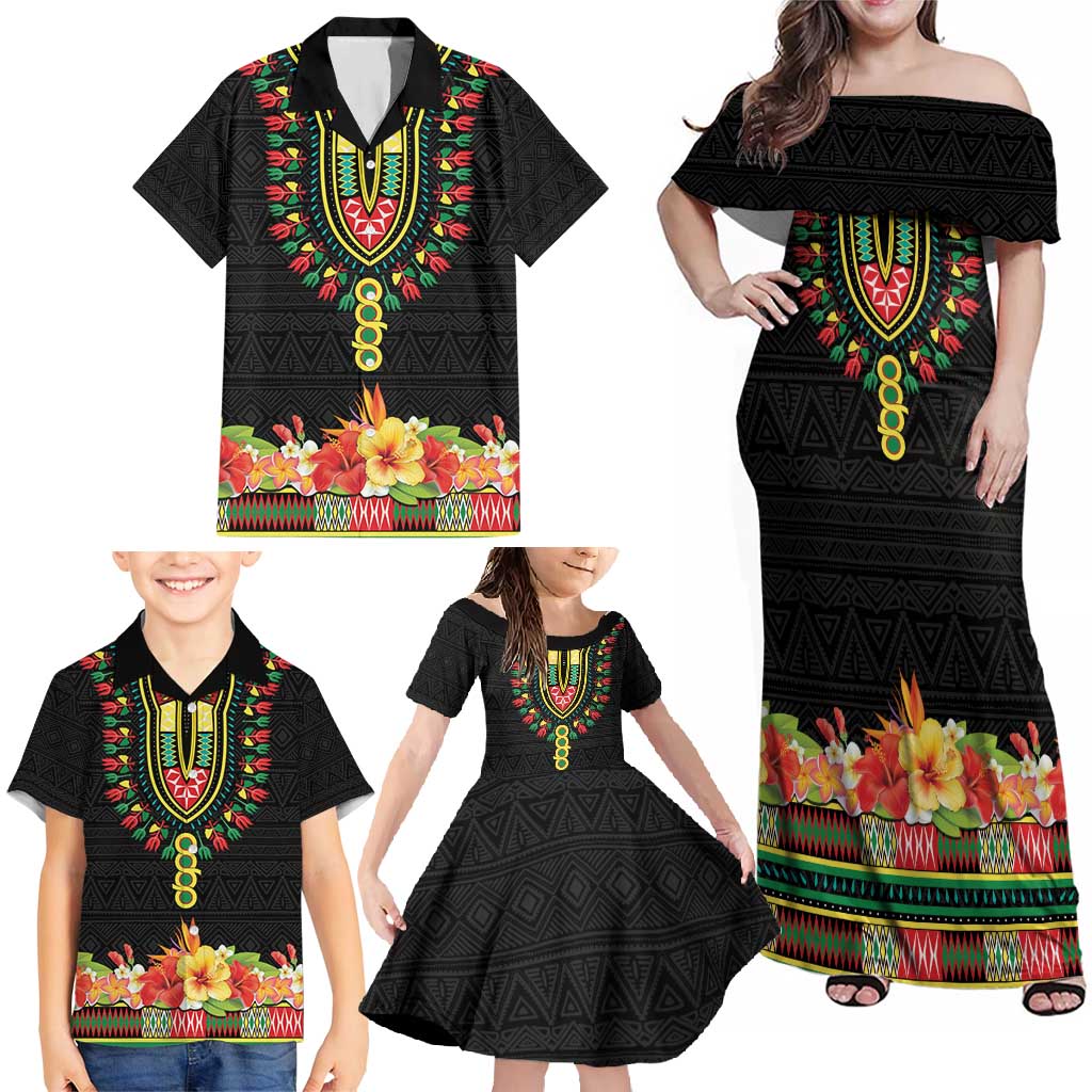 Personalized Hibiscus Mix Dashiki African Pattern Family Matching Off Shoulder Maxi Dress and Hawaiian Shirt Adinkra Symbol - Wonder Print Shop