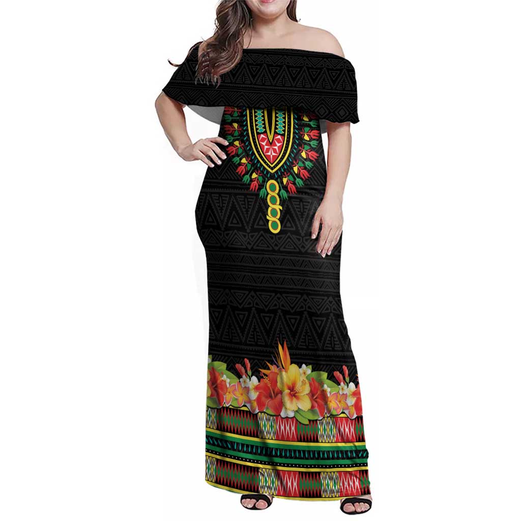 Personalized Hibiscus Mix Dashiki African Pattern Family Matching Off Shoulder Maxi Dress and Hawaiian Shirt Adinkra Symbol - Wonder Print Shop