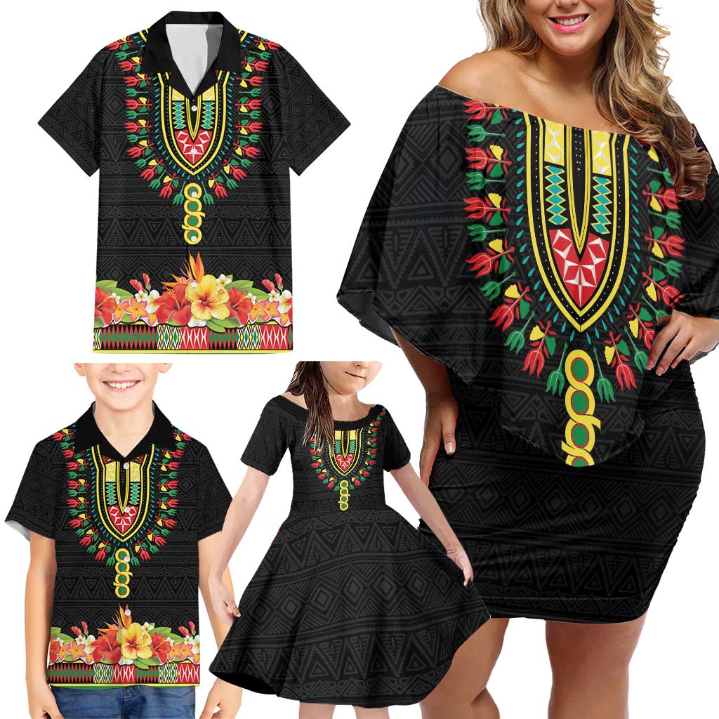 Personalized Hibiscus Mix Dashiki African Pattern Family Matching Off Shoulder Short Dress and Hawaiian Shirt Adinkra Symbol - Wonder Print Shop