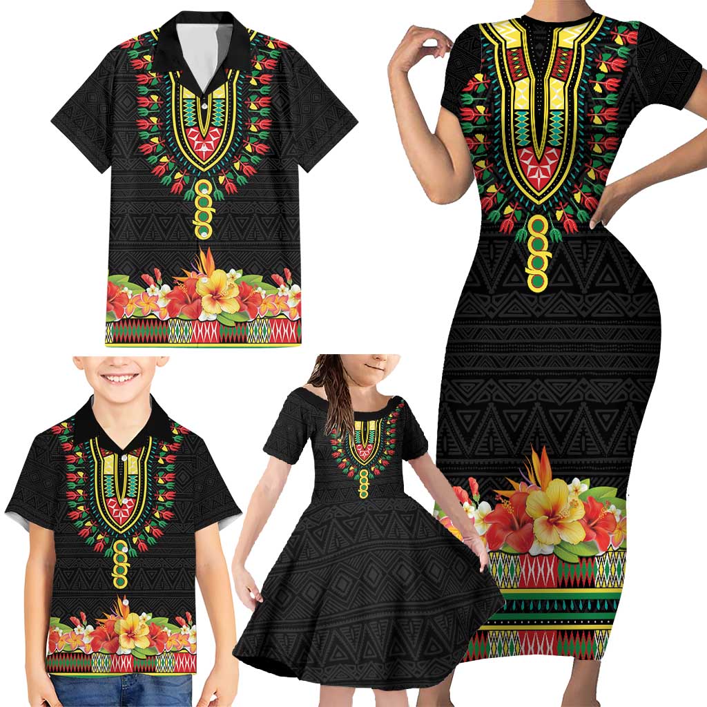 Personalized Hibiscus Mix Dashiki African Pattern Family Matching Short Sleeve Bodycon Dress and Hawaiian Shirt Adinkra Symbol - Wonder Print Shop
